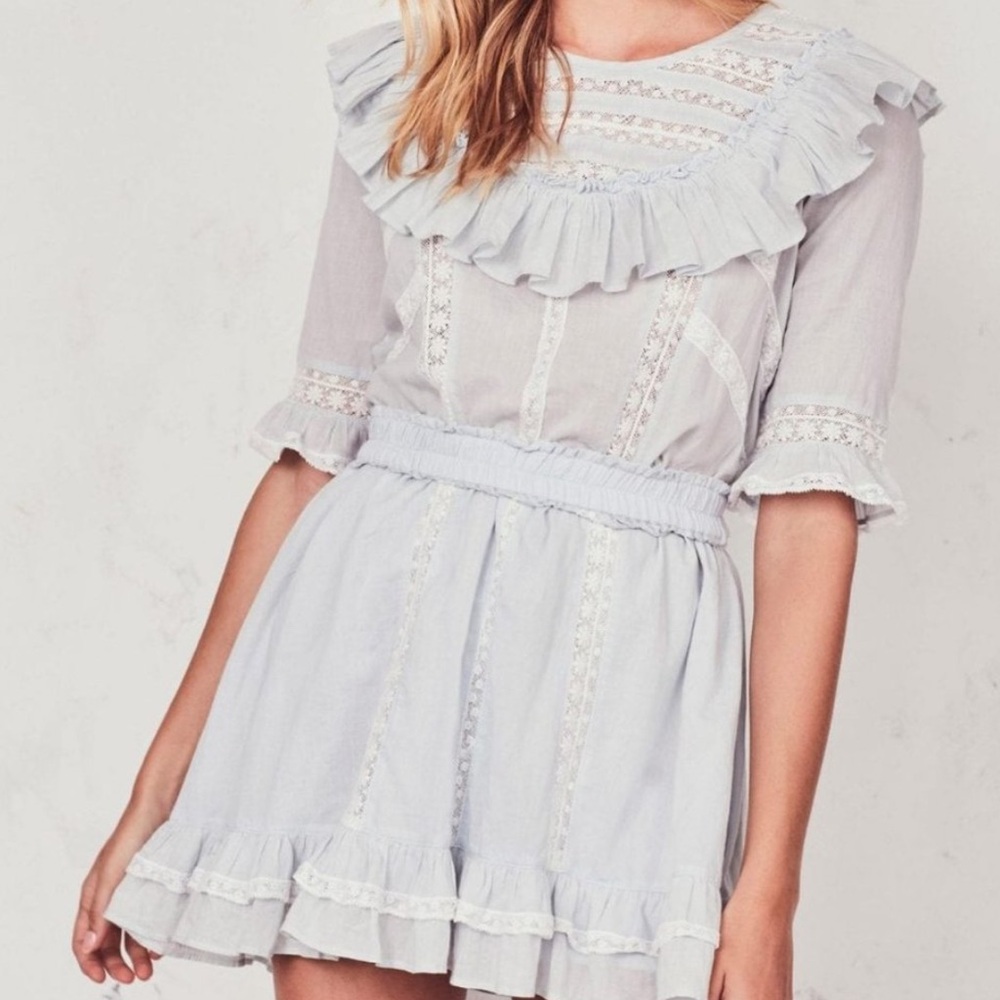 EUC LOVESHACKFANCY DRESS RIVERIA COOPER RUFFLE MINI DRESS FLORAL BLUE WHITE M